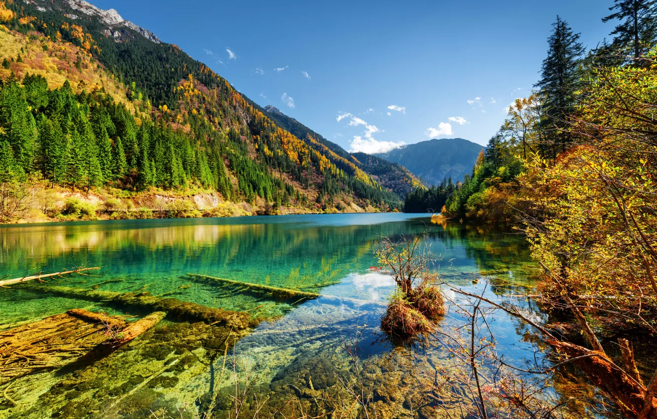 Photo wallpaper autumn, forest, trees, mountains, lake, China, Sunny, Jiuzhai Valley National Park