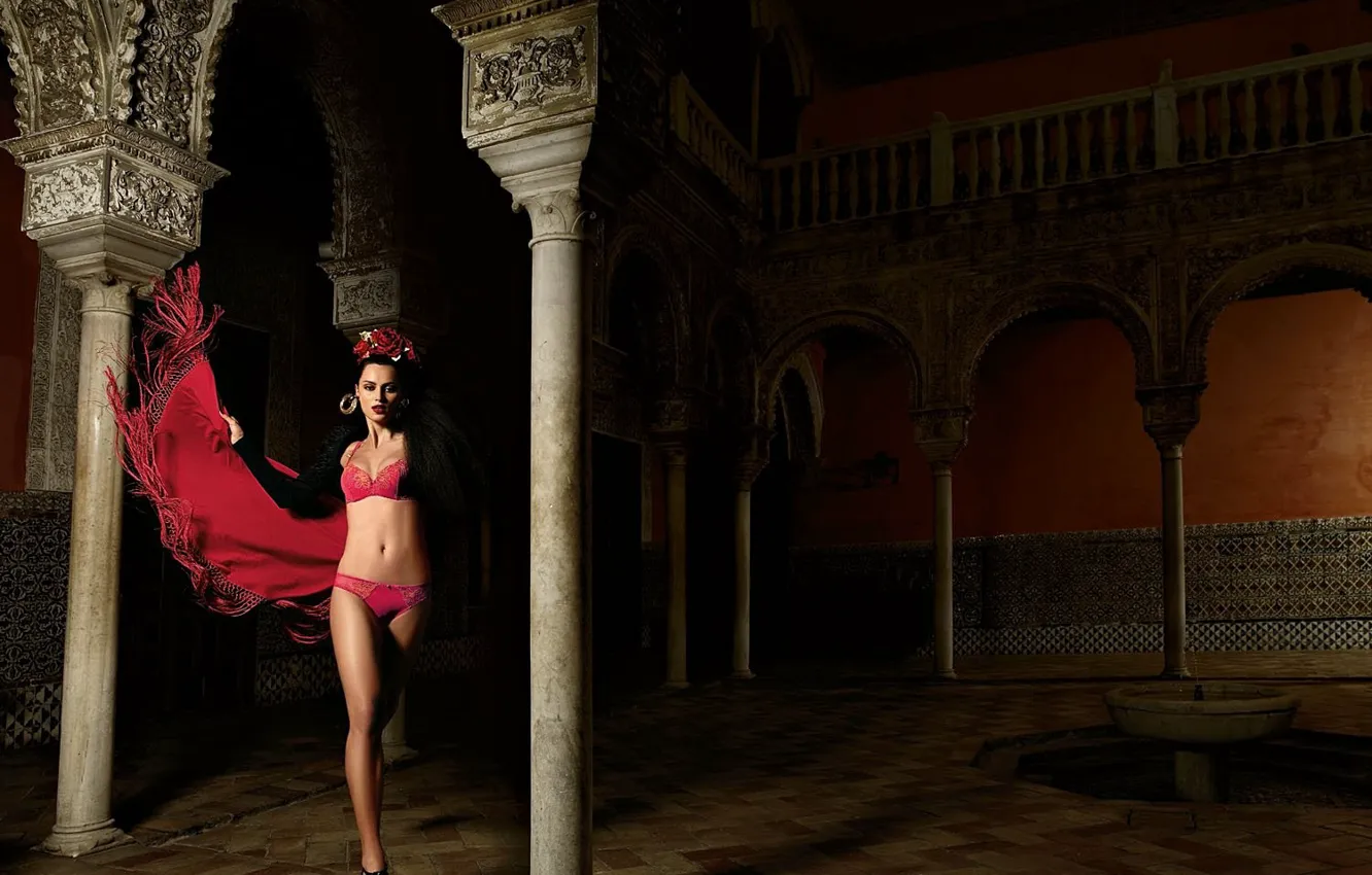 Photo wallpaper red, columns, balcony