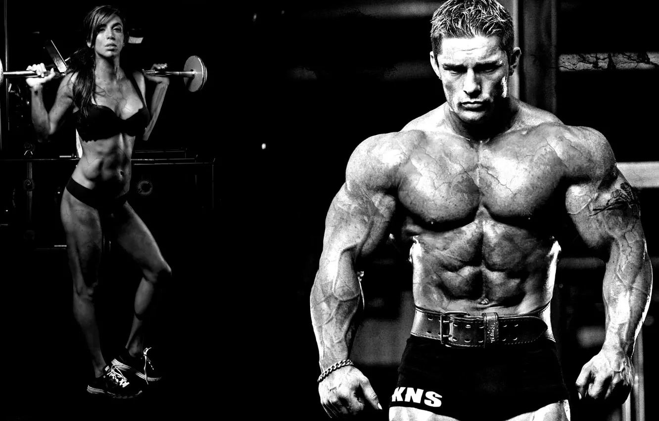 Photo wallpaper pose, black & white, figure, Muscle, muscle, rod, press, fitness