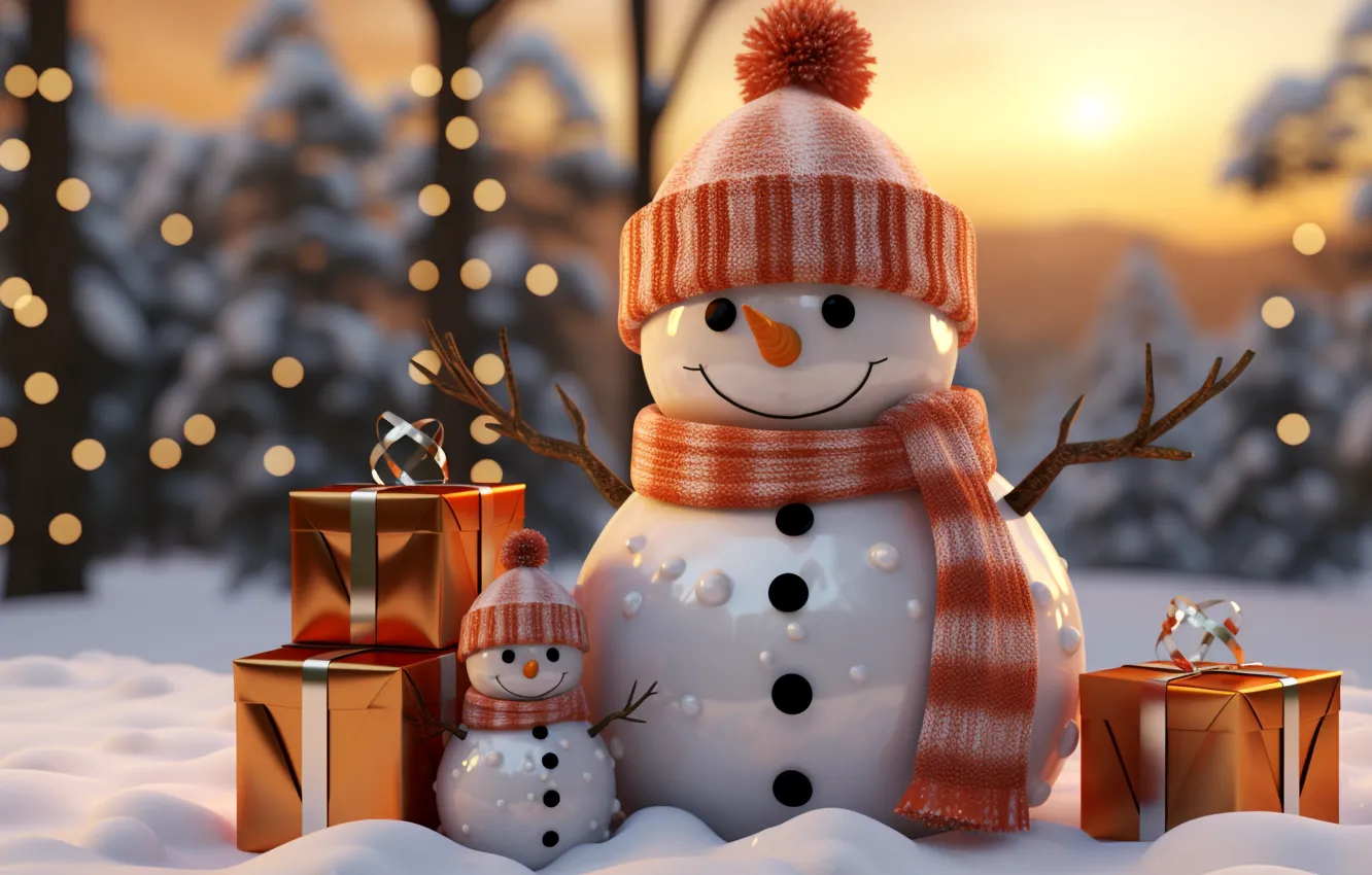 Photo wallpaper winter, snow, new year, Christmas, snowman, AI art, neural network