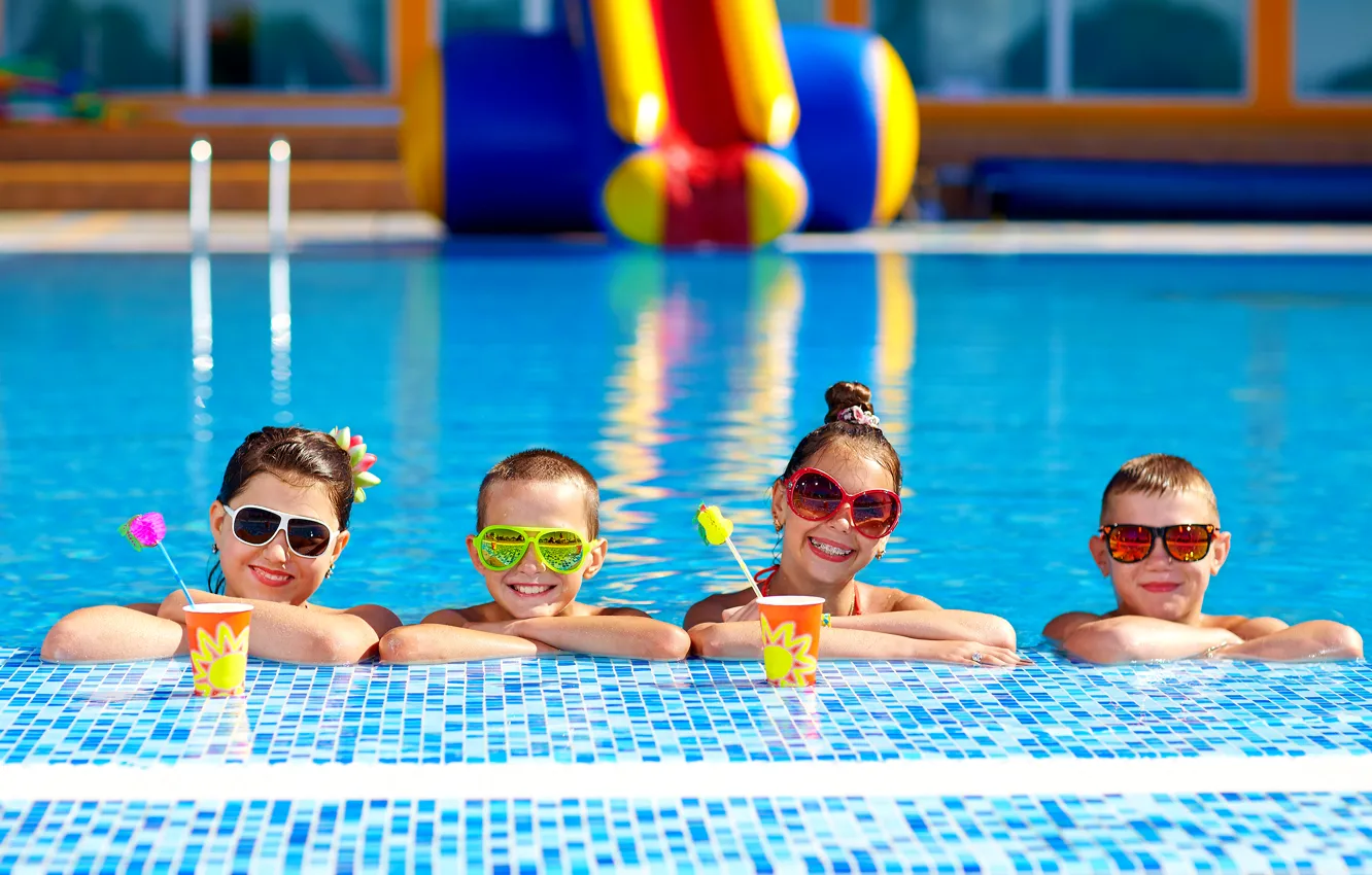 Photo wallpaper summer, children, smile, each, pool, glasses, summer, girls