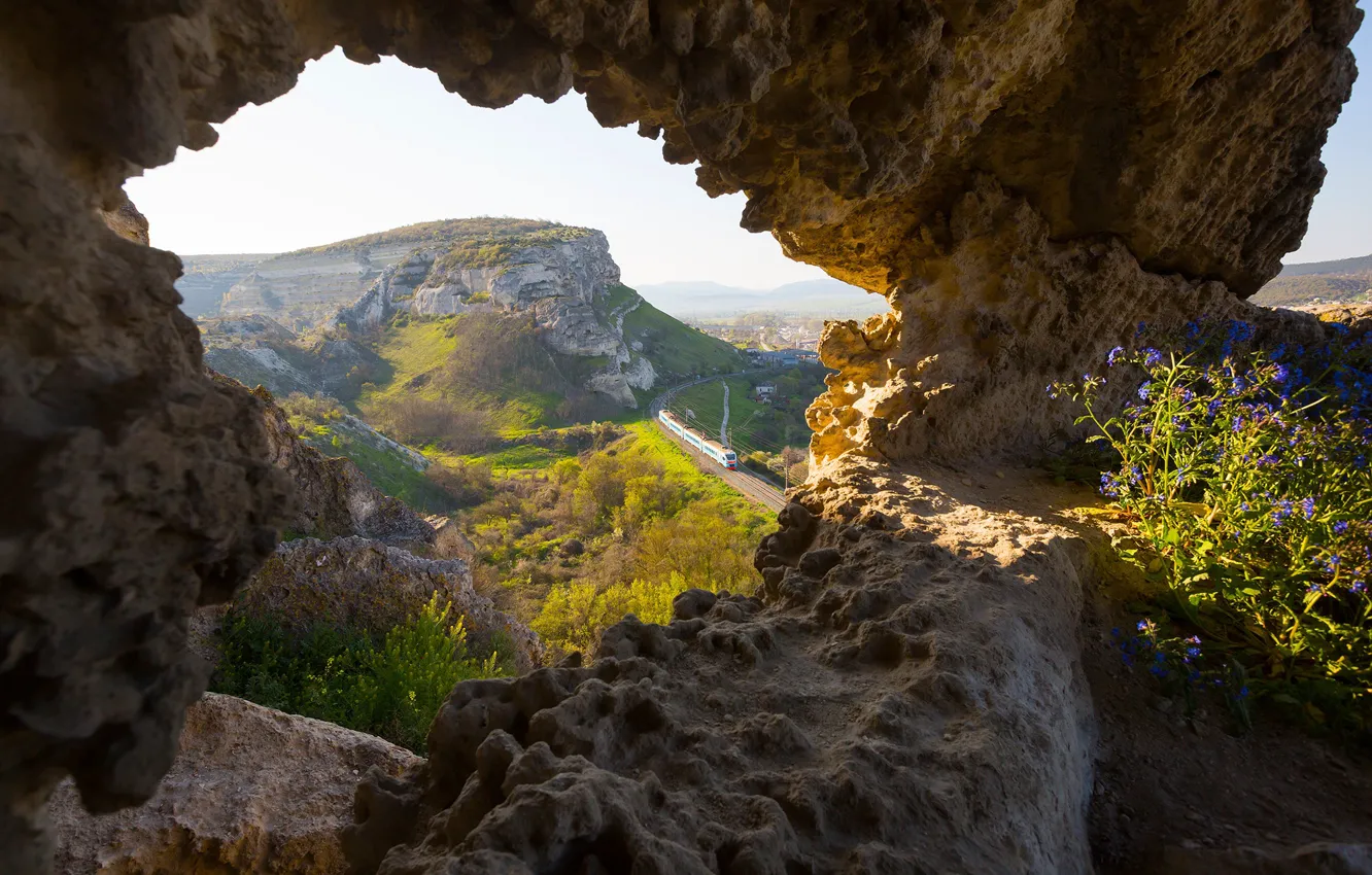 Photo wallpaper landscape, mountains, nature, rocks, Railways, train, railroad, Crimea
