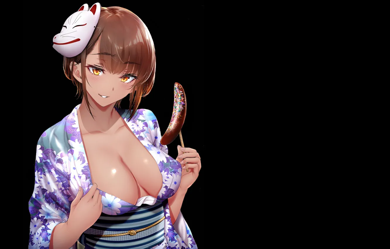 Photo wallpaper sexy, cleavage, anime, pretty, kimono, kitsune, Choco banana, Matsuri