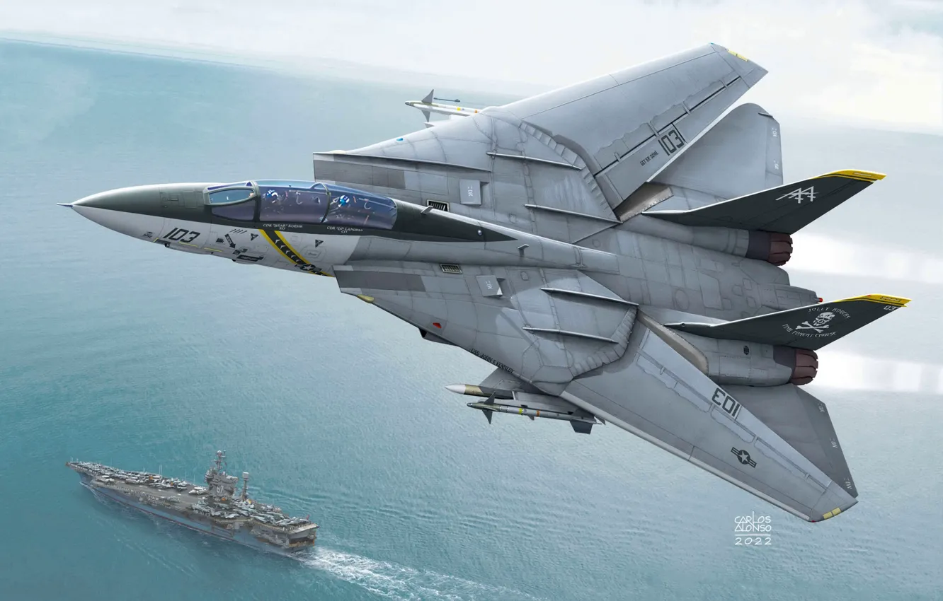 Photo wallpaper USA, fighter-interceptor, deck, US NAVY, Carlos Alonso, USN F-14B VF-103 Jolly Rogers, Grumman F-14B Tomcat