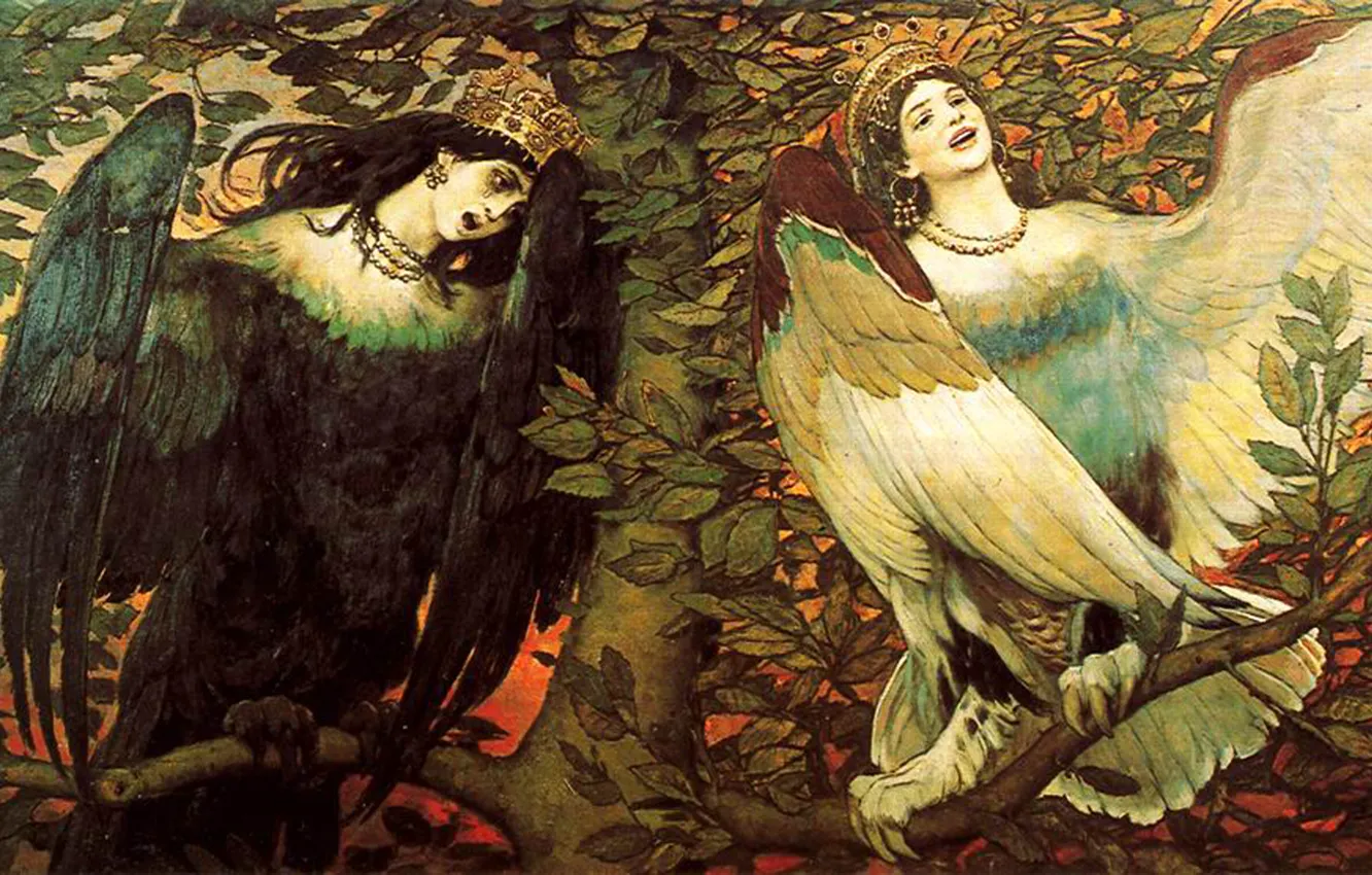 Photo wallpaper women, birds, tree, foliage, picture, painting, Vasnetsov Viktor, A song of joy and sorrow