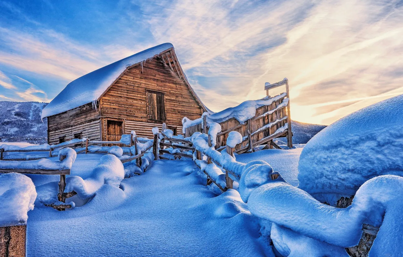 Photo wallpaper winter, the sky, clouds, light, snow, mountains, blue, the fence