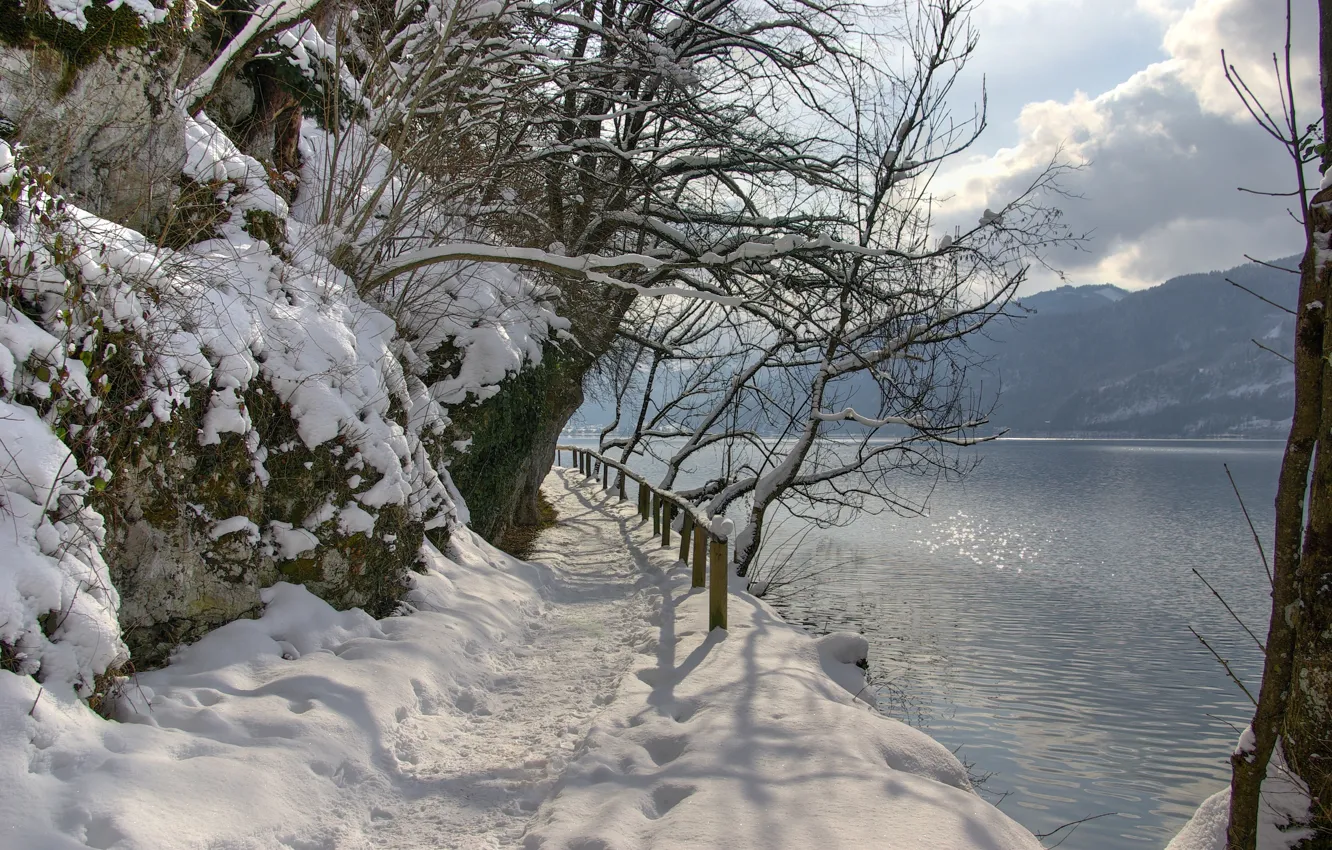Photo wallpaper snow, mountains, traces, lake, Winter, frost, track, path
