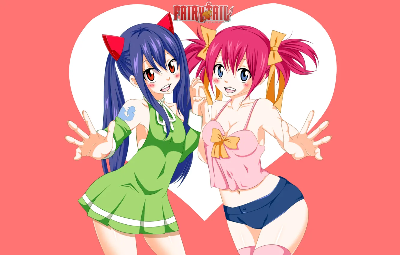 Photo wallpaper sexy, cleavage, shorts, blouse, thighhighs, pink hair, long hair, dress