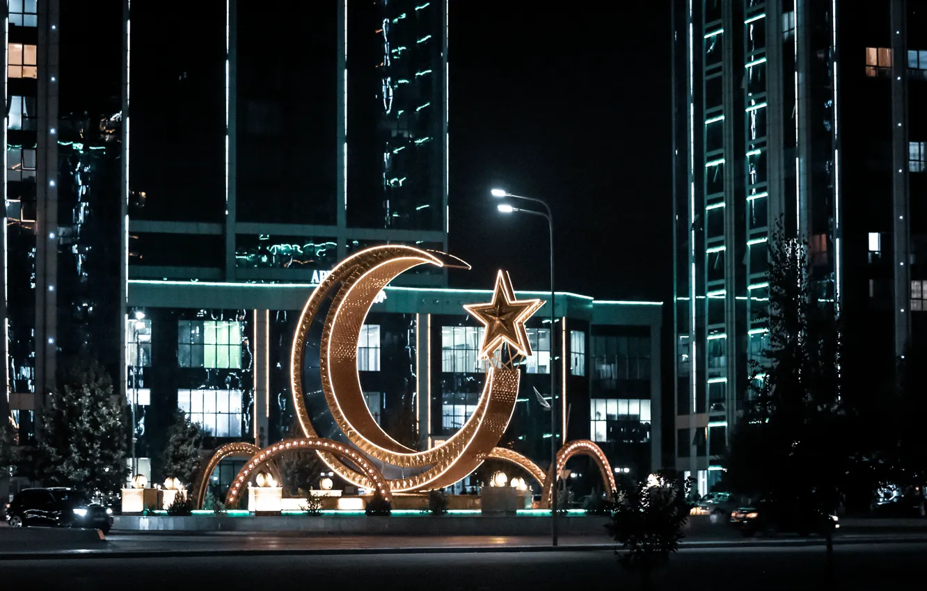 Photo wallpaper night, mosque, skyscrapers, Argun