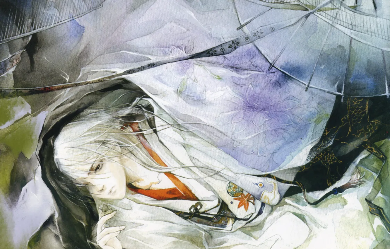 Photo wallpaper umbrella, watercolor, guy, Japanese clothing, art, Eno, rusnok, long white hair