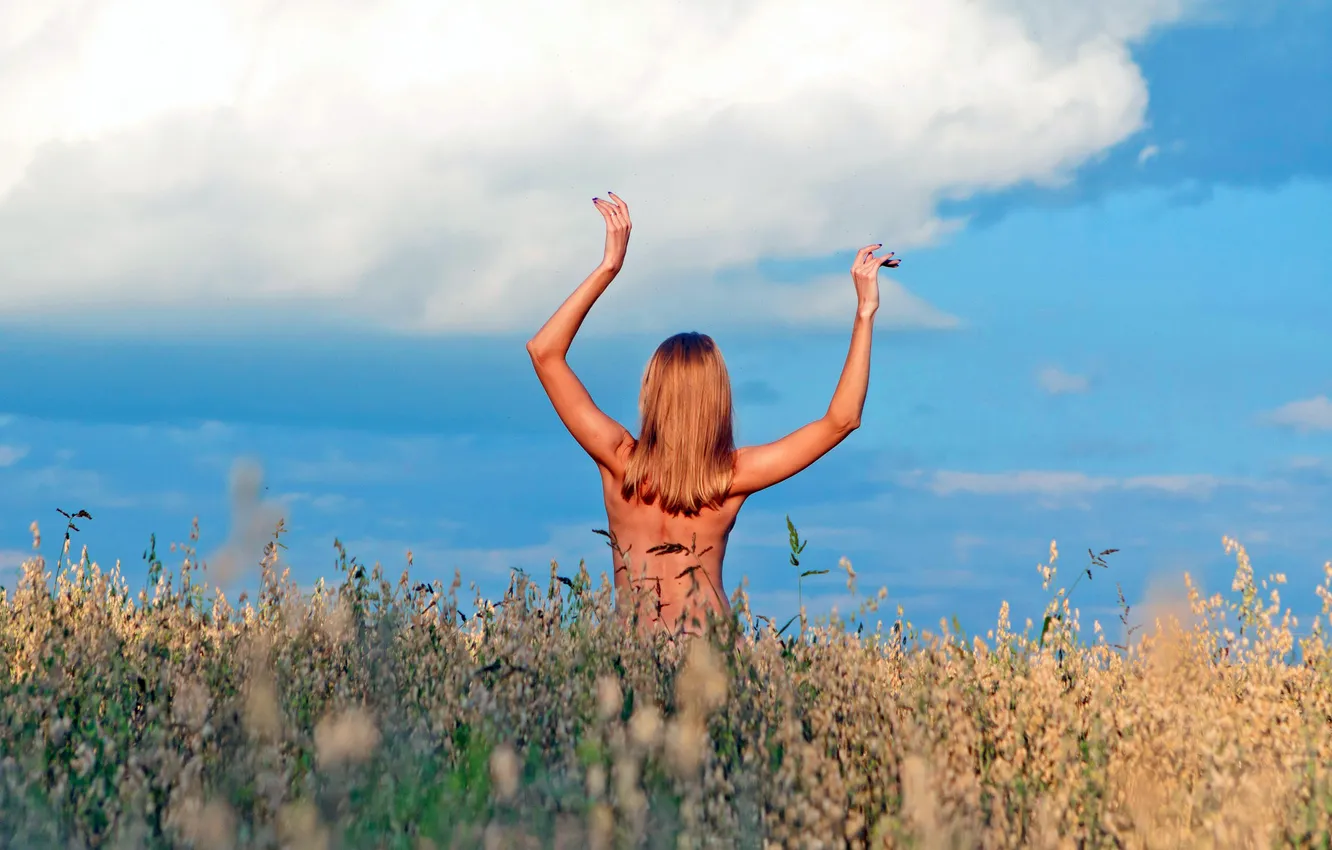 Photo wallpaper field, the sky, grass, clouds, blue, back, hands, blonde
