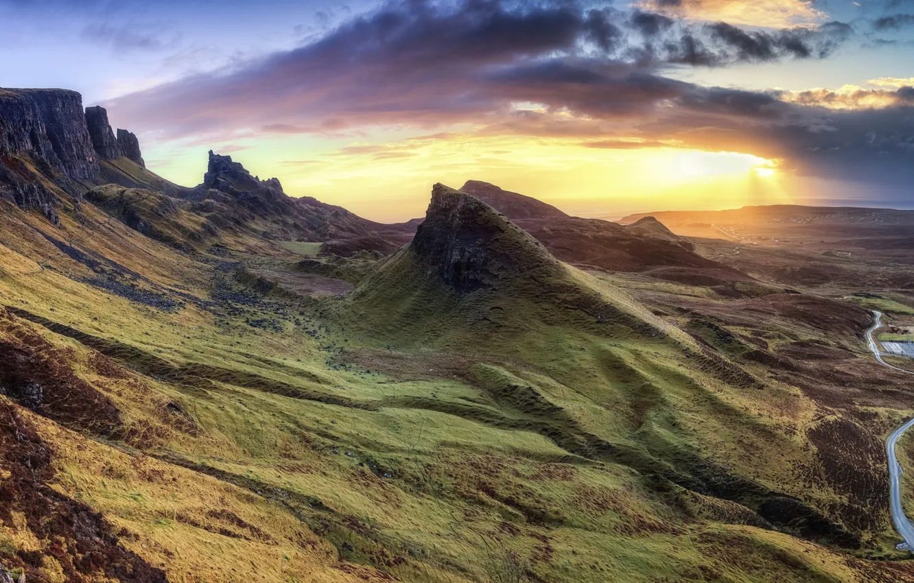 Photo wallpaper landscape, sunset, mountains, nature