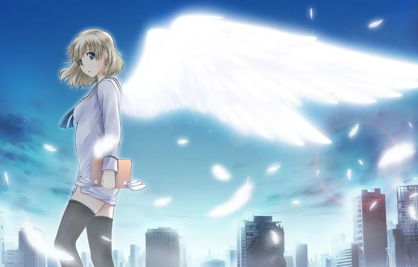 Photo wallpaper girl, the city, wings, feathers, Notepad, records, game cg, Tokyo Babel