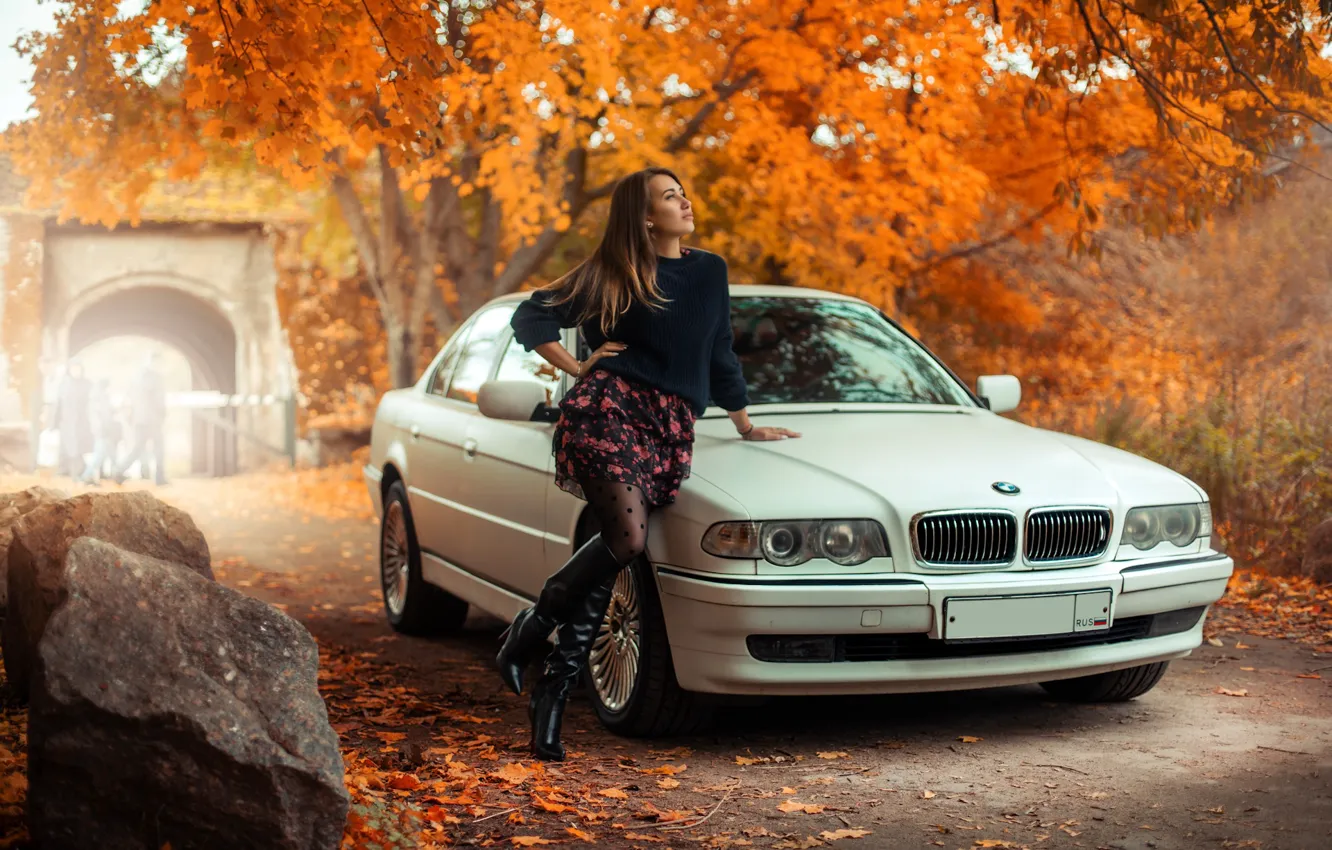 Photo wallpaper auto, autumn, look, pose, photo, skirt, BMW, beauty