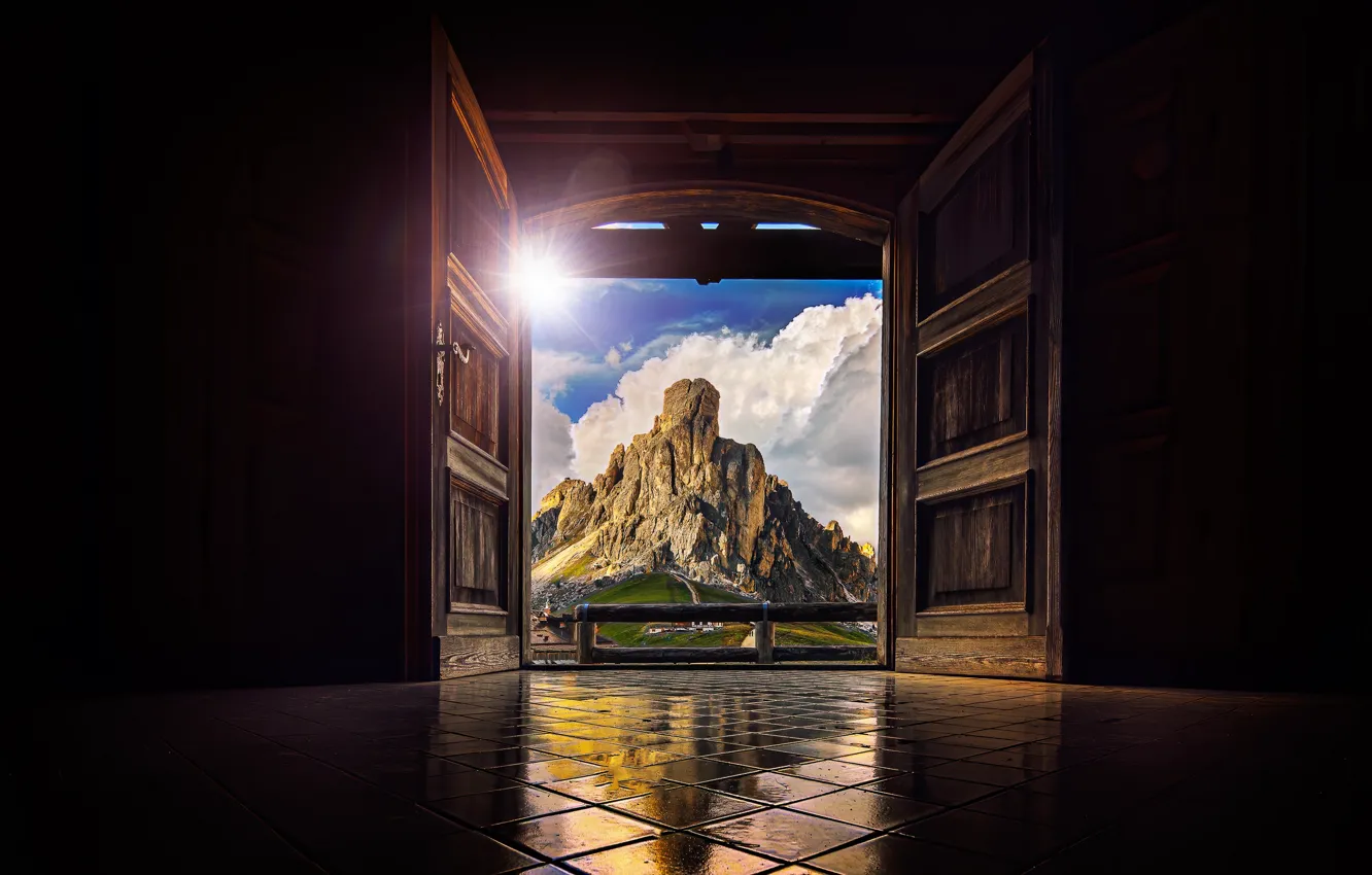 Photo wallpaper Italy, fantastic, wooden, door, famous, Dolomites, Giau Pass