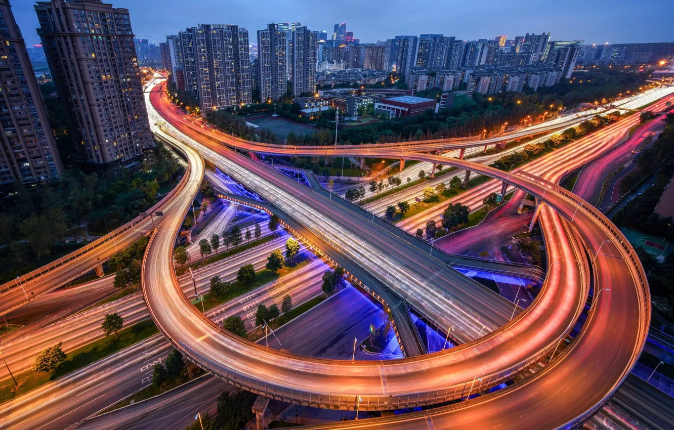 Photo wallpaper road, the city, lights, home, the evening, China
