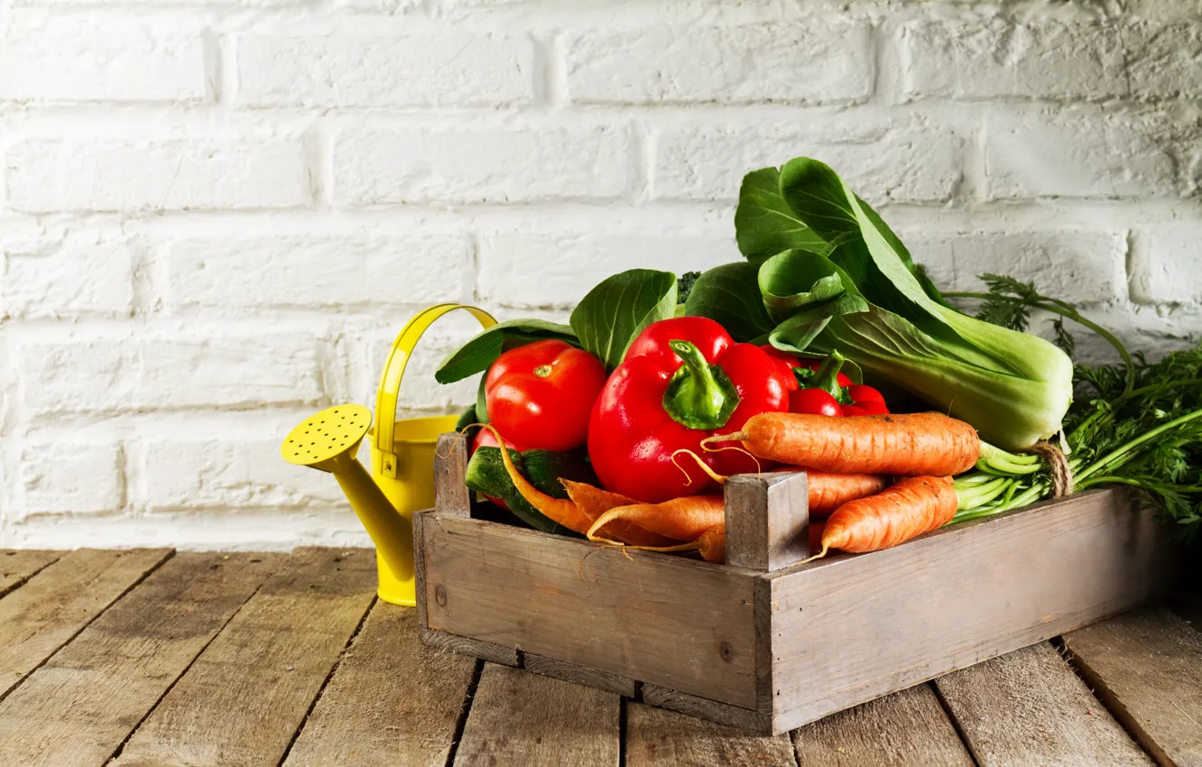 Photo wallpaper greens, box, vegetables, box, vegetables, greens