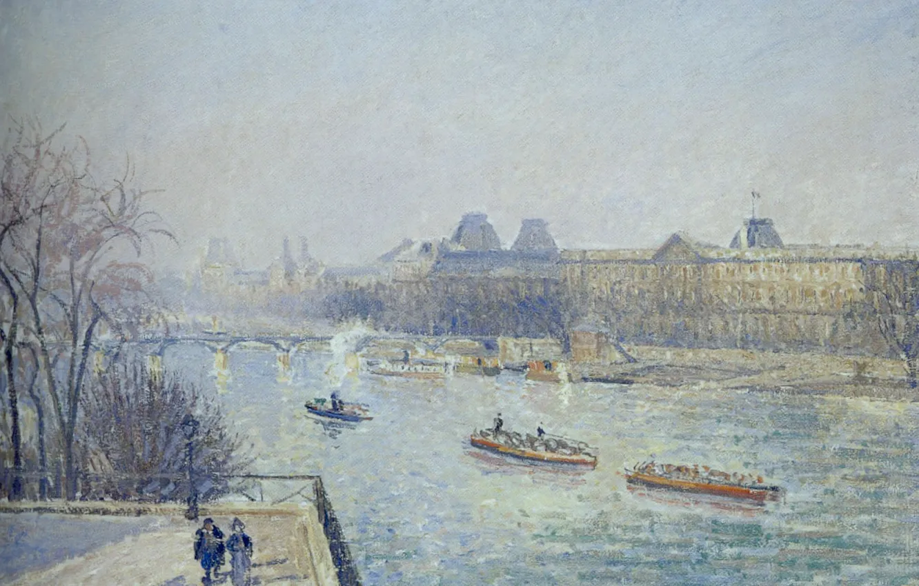 Photo wallpaper river, Paris, picture, the urban landscape, Camille Pissarro, The Louvre. Morning. Winter Sun. Frost. The …