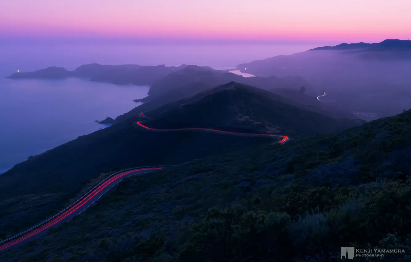 Photo wallpaper road, mountains, lights, fog, twilight, photographer, Kenji Yamamura
