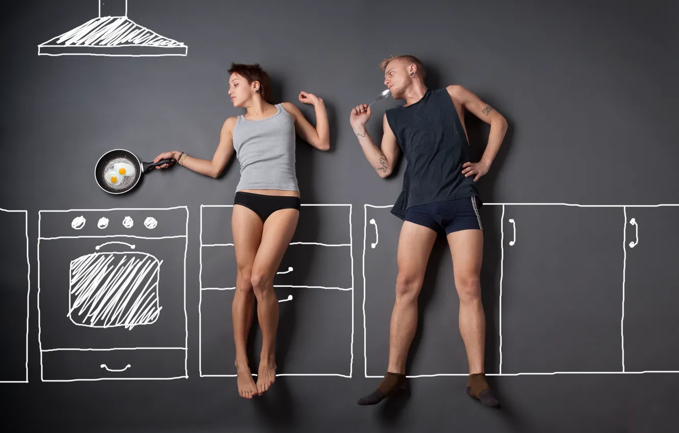 Photo wallpaper girl, creative, figure, panties, morning, kitchen, spoon, plate