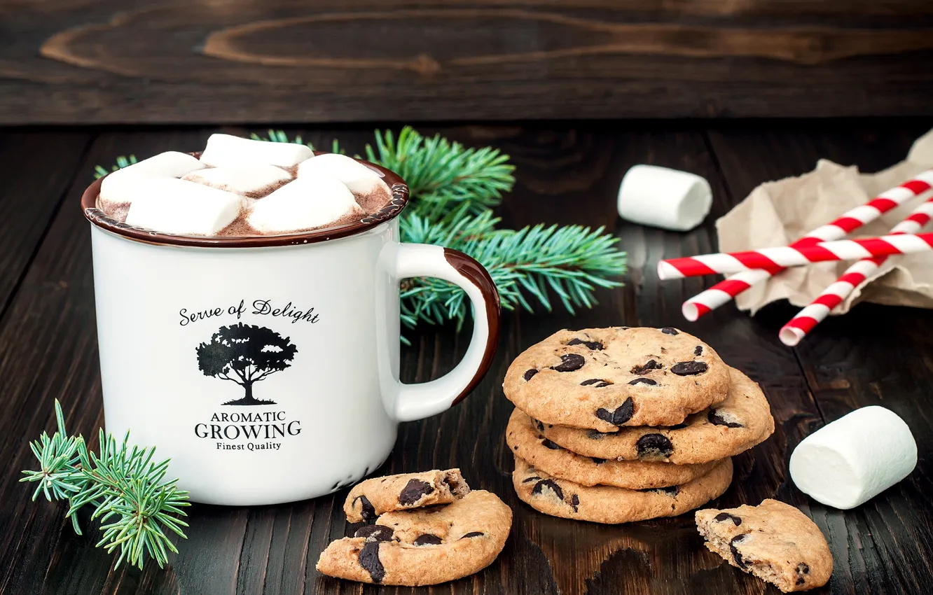 Photo wallpaper tree, coffee, cookies, Christmas, New year, cakes, sweet, New Year