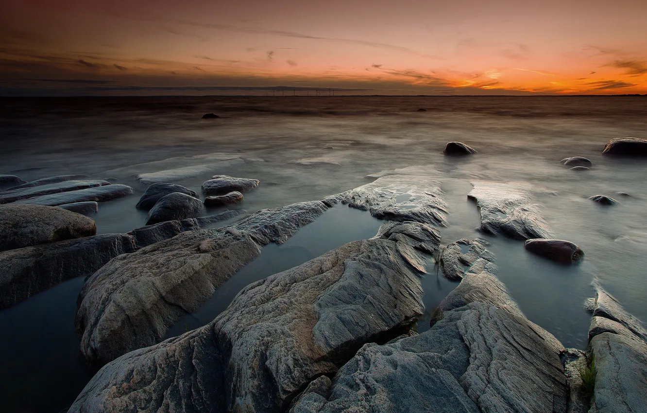 Photo wallpaper sea, beach, sunset, stones