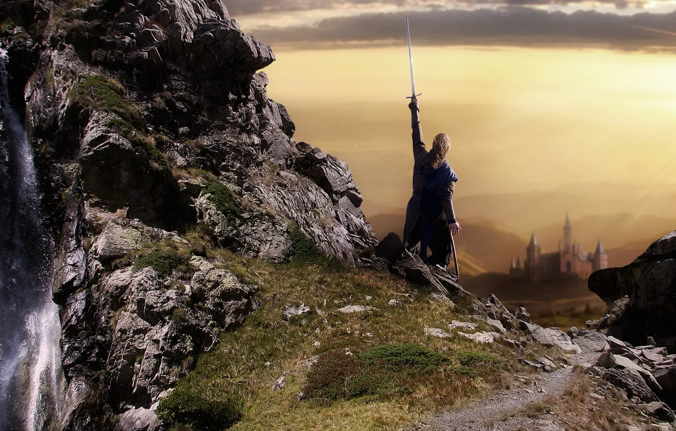 Photo wallpaper castle, waterfall, sword, warrior, male