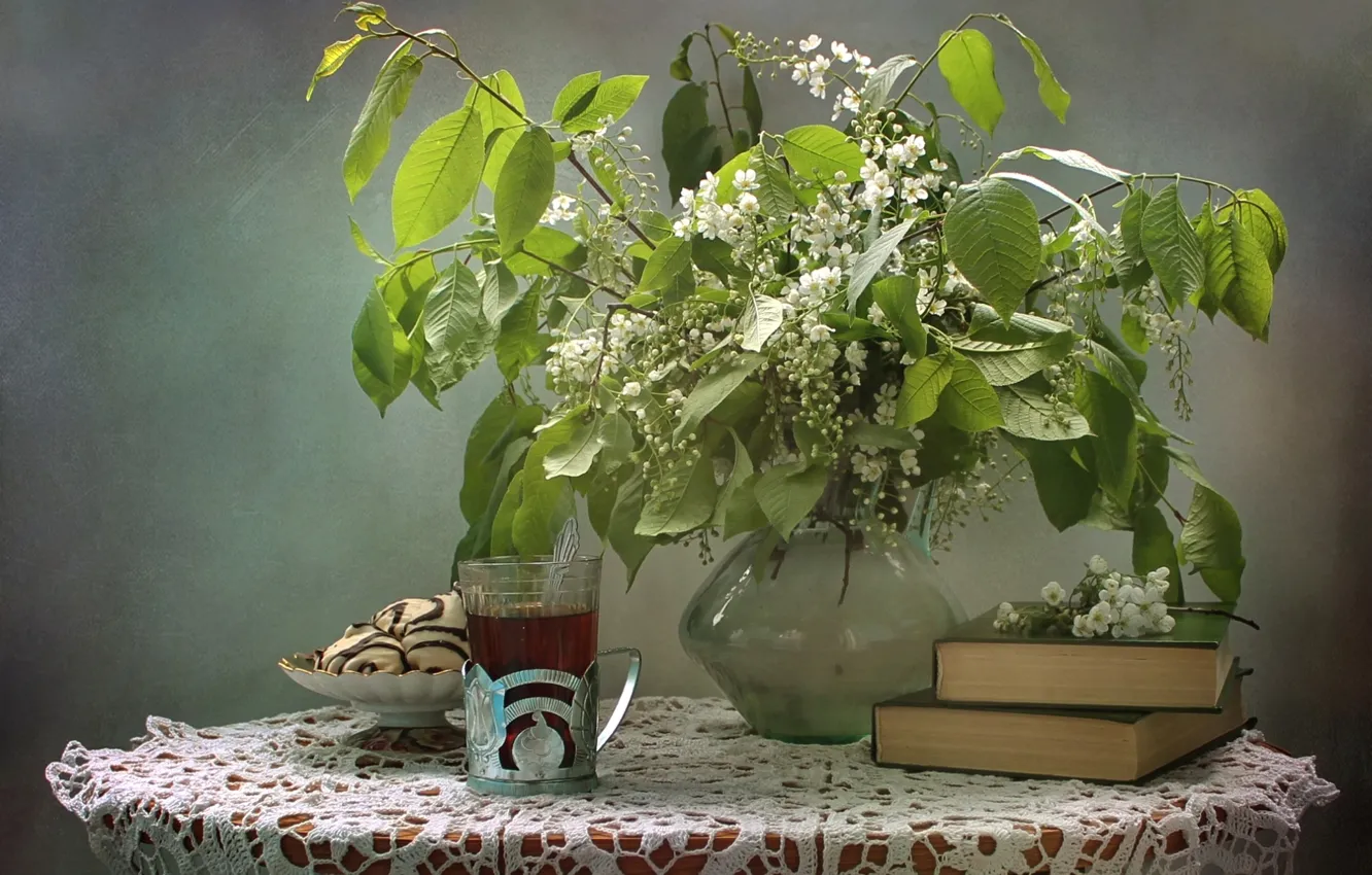 Photo wallpaper tea, cookies, book, still life, cherry