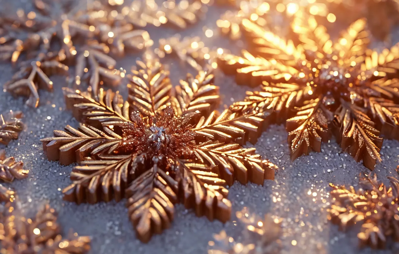 Photo wallpaper snowflakes, gold, new year, sequins
