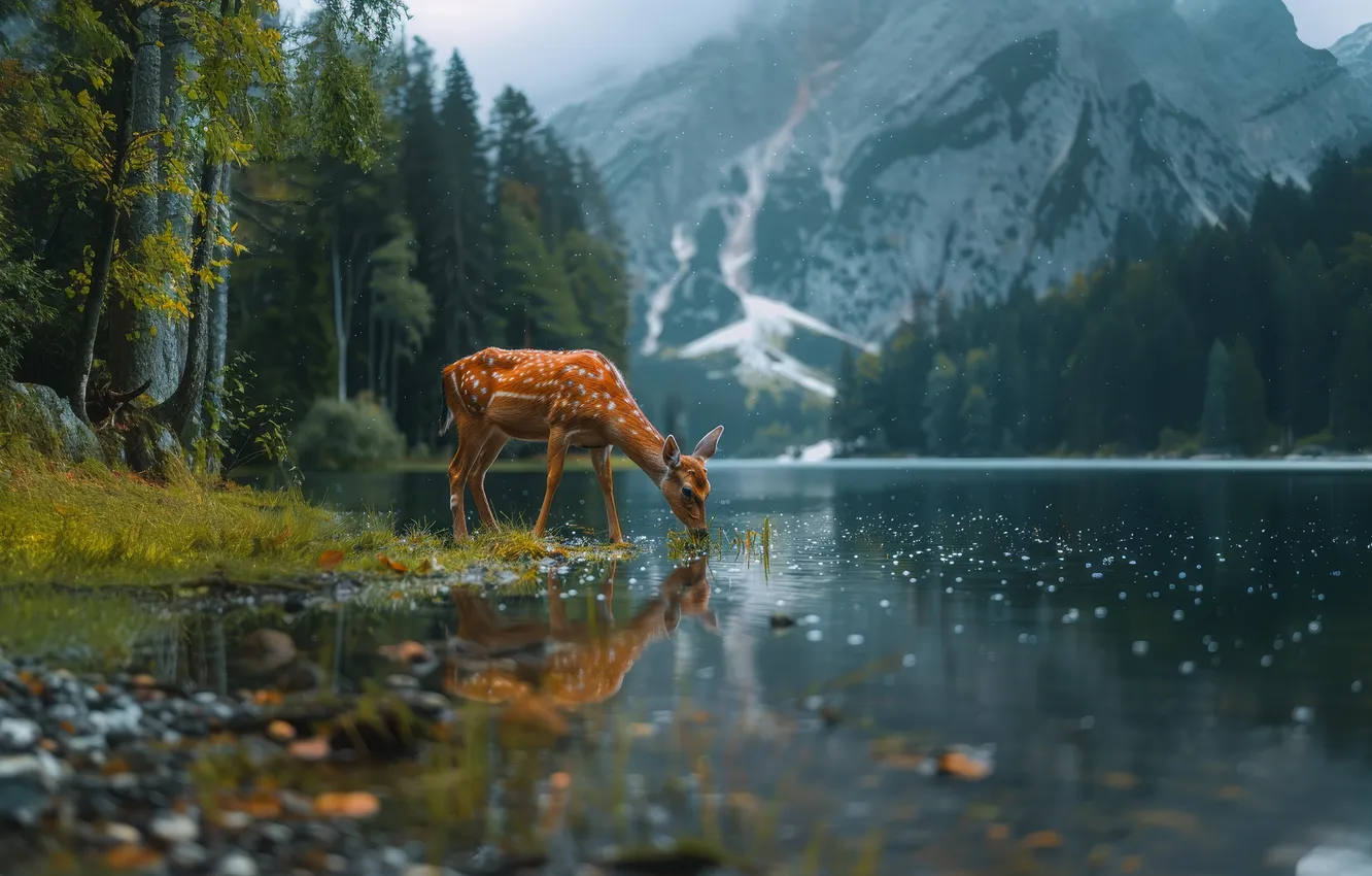 Photo wallpaper trees, mountains, nature, river, deer, digital art, AI art, The Art of Artificial Intelligence
