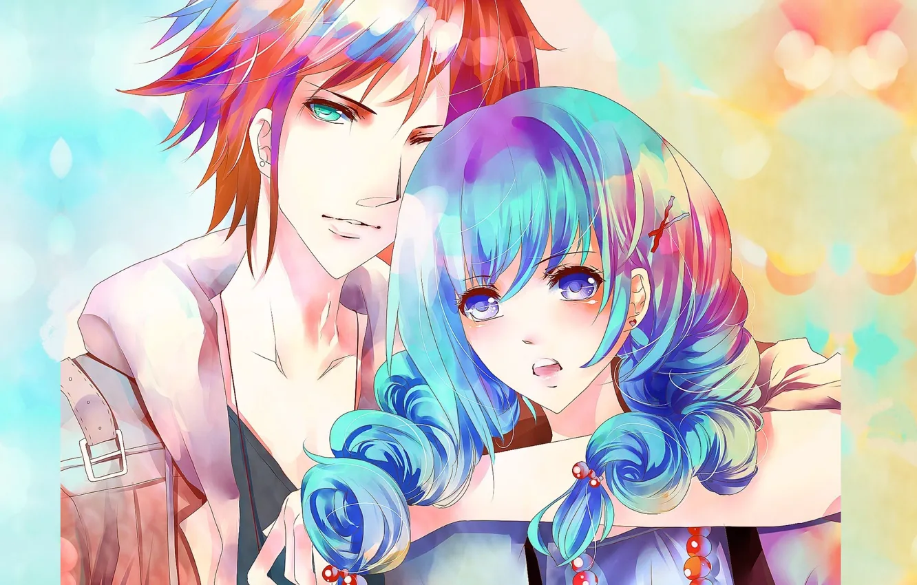 Photo wallpaper look, hands, jacket, red, blue eyes, blue hair, bangs, hugs