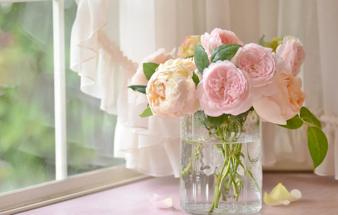 Photo wallpaper roses, bouquet, vase