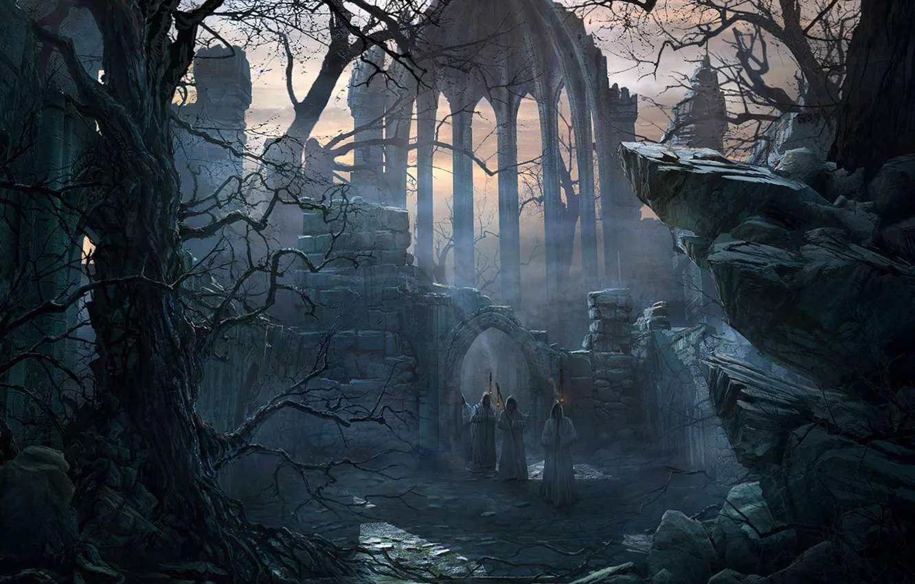 Photo wallpaper trees, stones, Cathedral, monk, temple