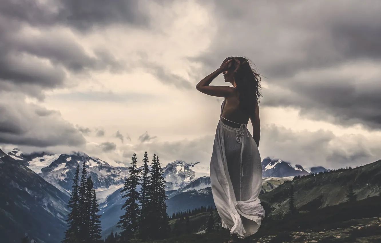 Photo wallpaper girl, mountains, clouds, the wind, Still Standing