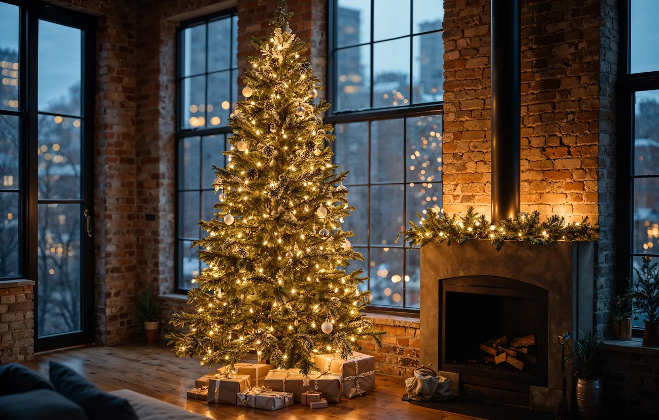 Photo wallpaper decoration, room, gift, tree, new year, interior, Christmas, fireplace