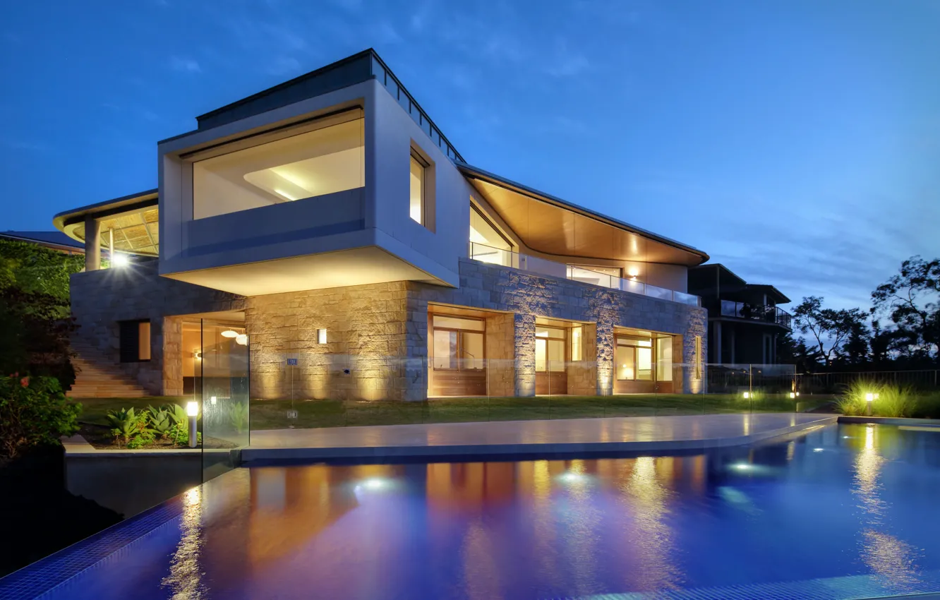 Photo wallpaper Villa, the evening, pool, lighting, architecture, terrace