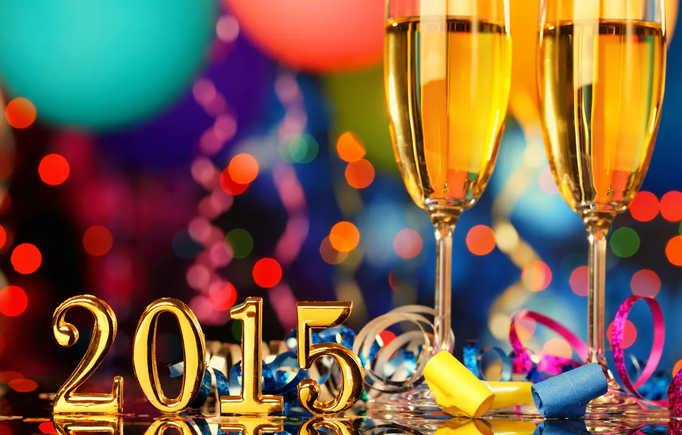 Photo wallpaper New Year, glasses, champagne, serpentine, New Year, celebration, holiday, Happy