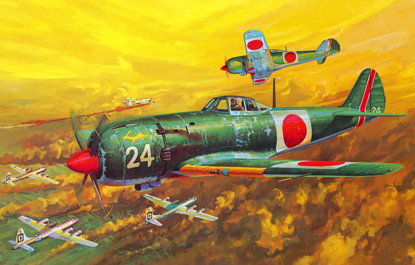 Photo wallpaper the sky, figure, fighter, battle, art, air, bomber, American