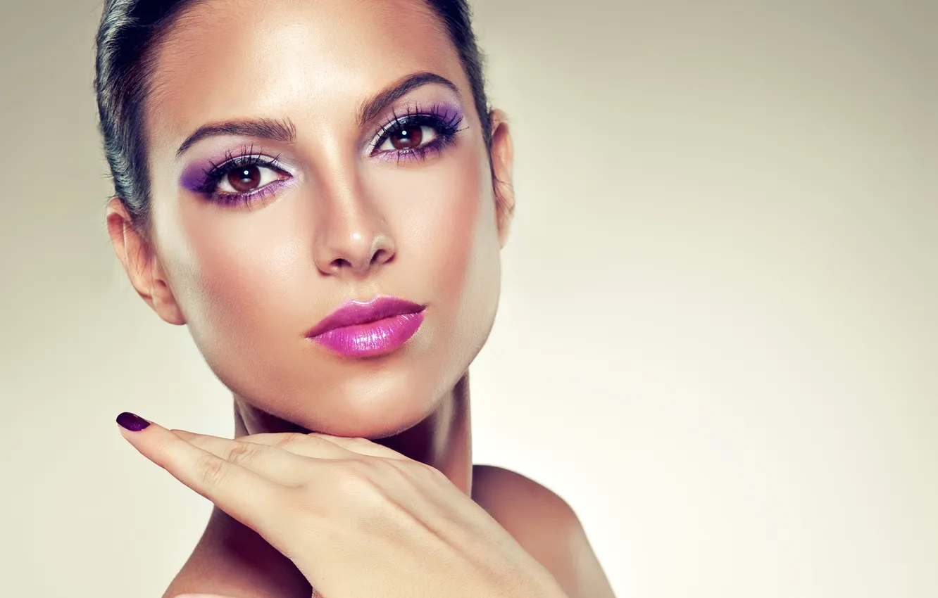 Photo wallpaper look, girl, background, shadow, hands, makeup, lips, beautiful