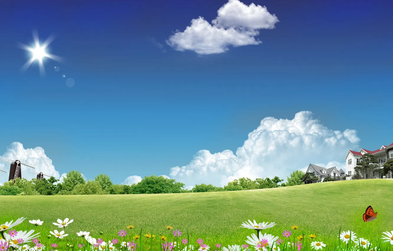 Photo wallpaper the sky, flowers, nature, butterfly, home, mill
