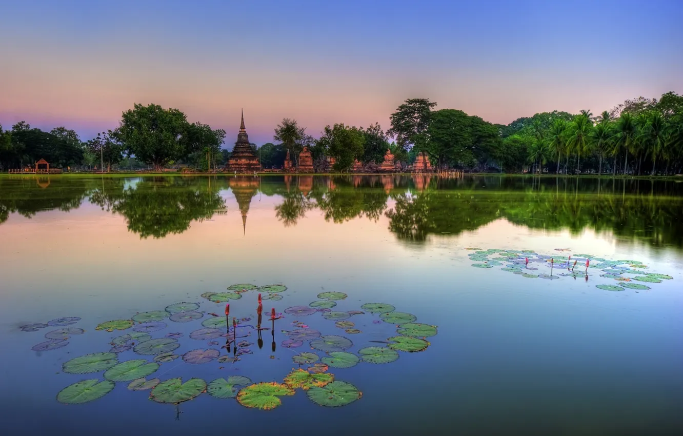 Photo wallpaper lake, Park, Thailand, temple, Lotus