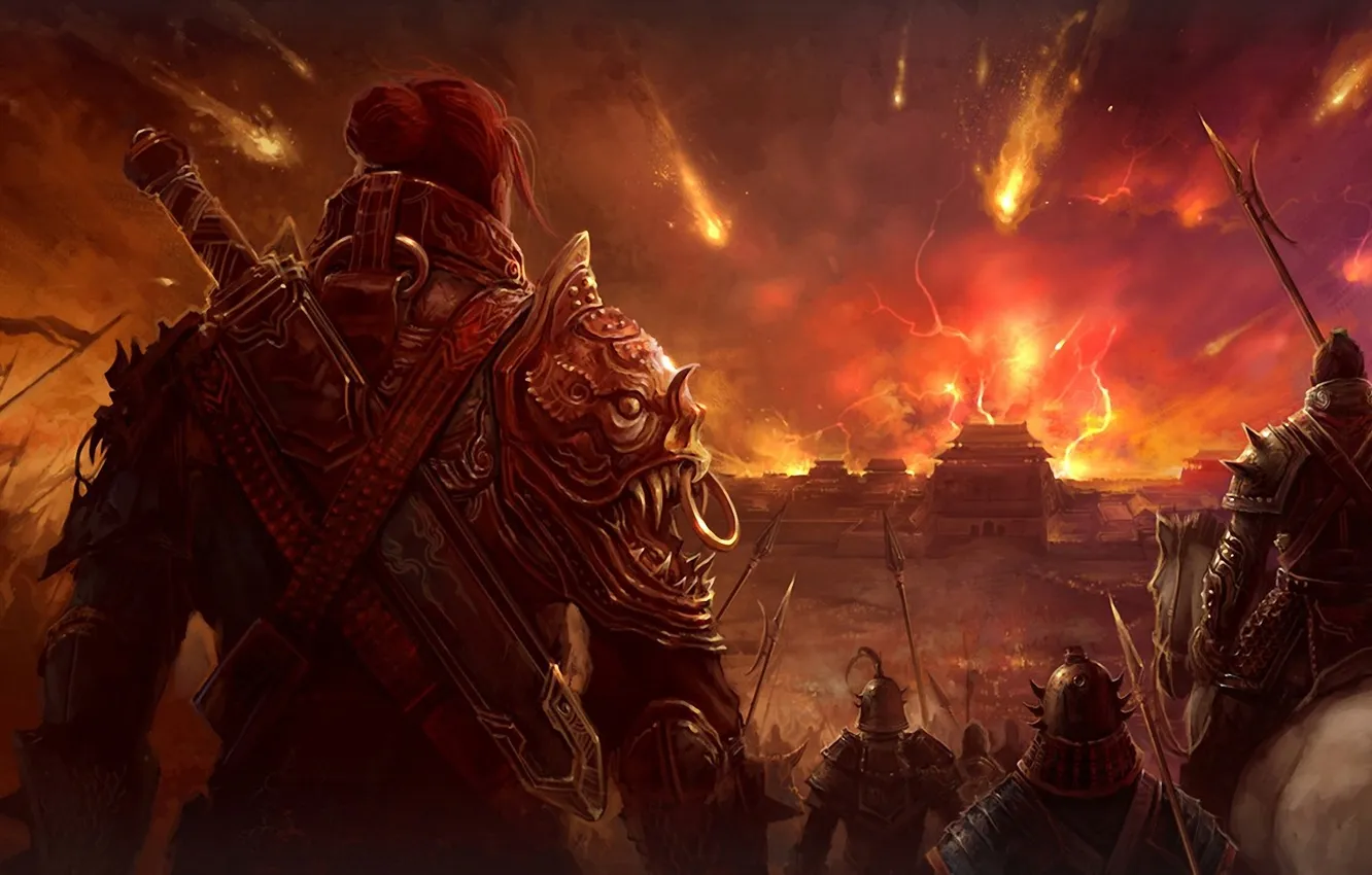 Photo wallpaper lights, castle, lightning, army, warrior, siege