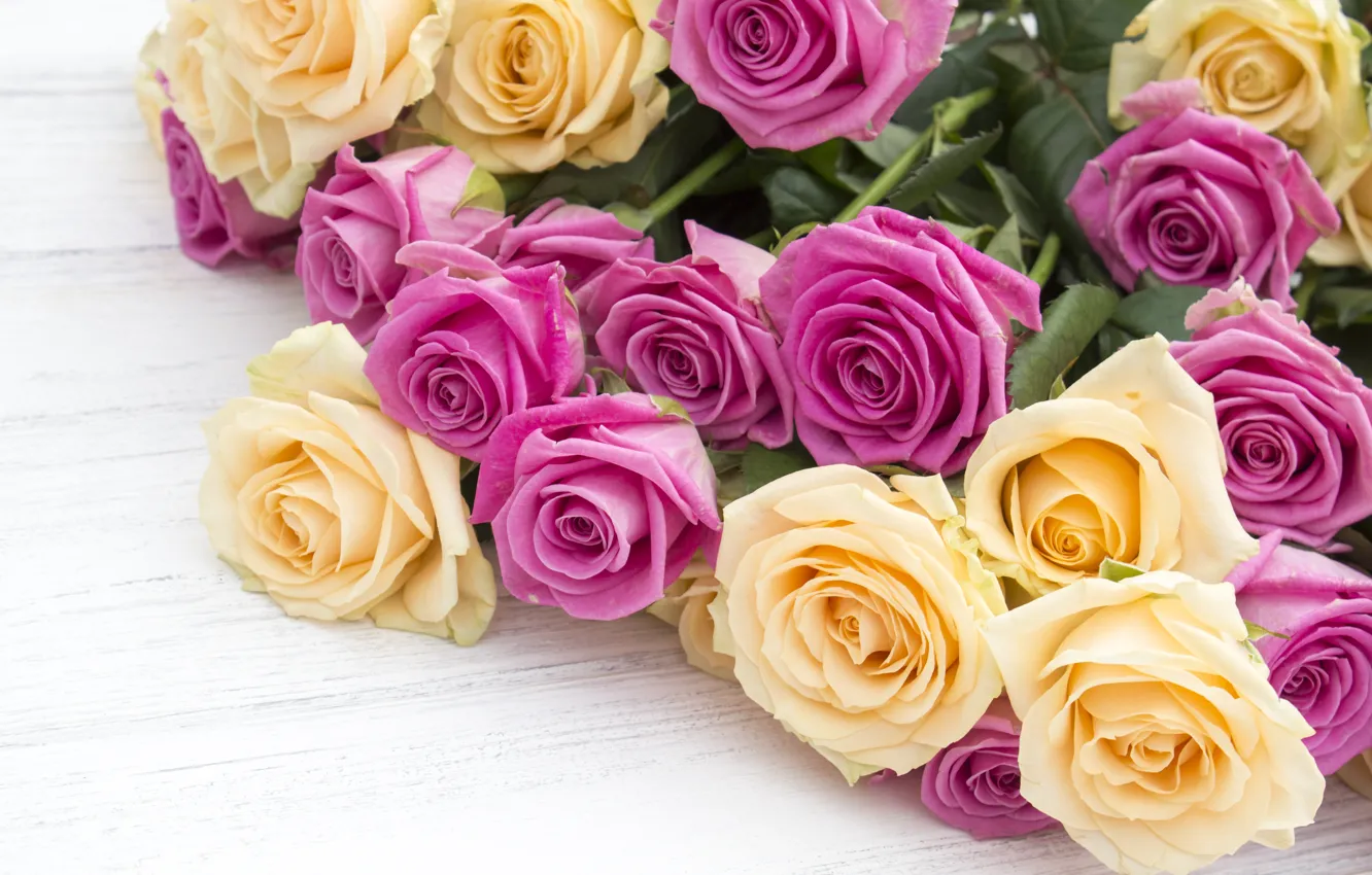 Photo wallpaper flowers, roses, bouquet, yellow, pink, buds, pink, flowers