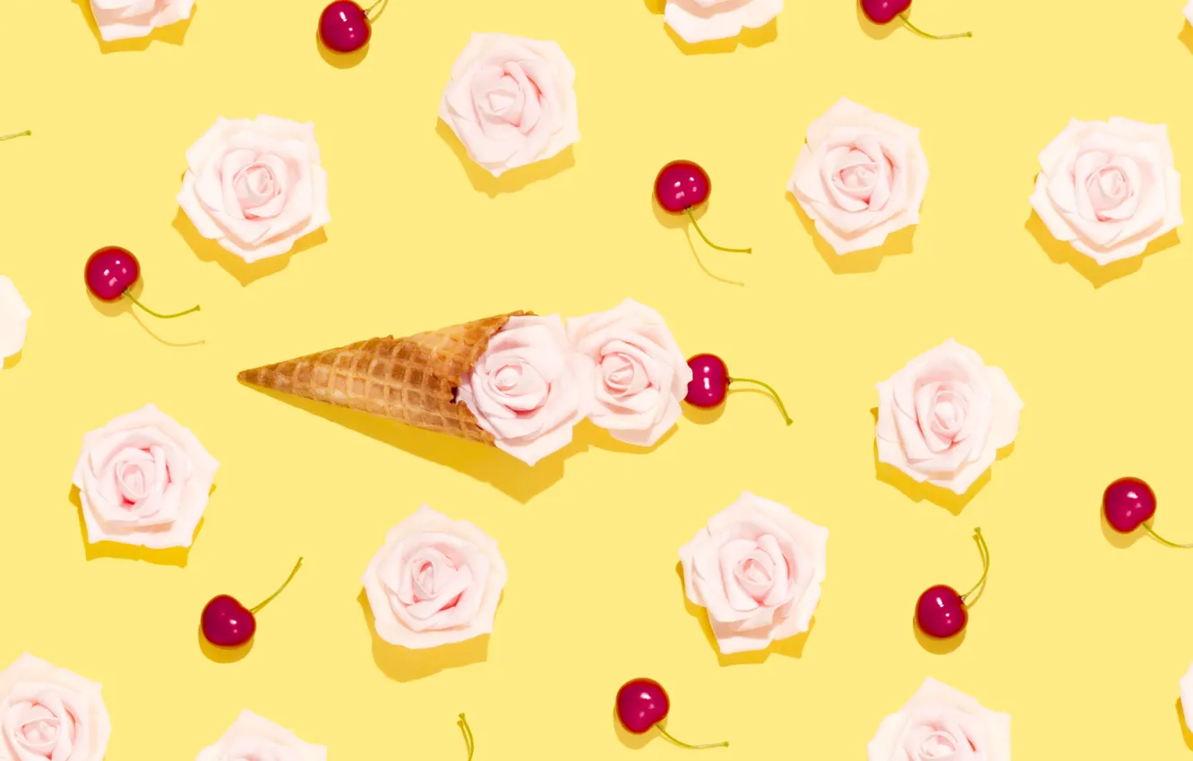 Photo wallpaper cherry, roses, rose, fruit, buds, dessert, decor
