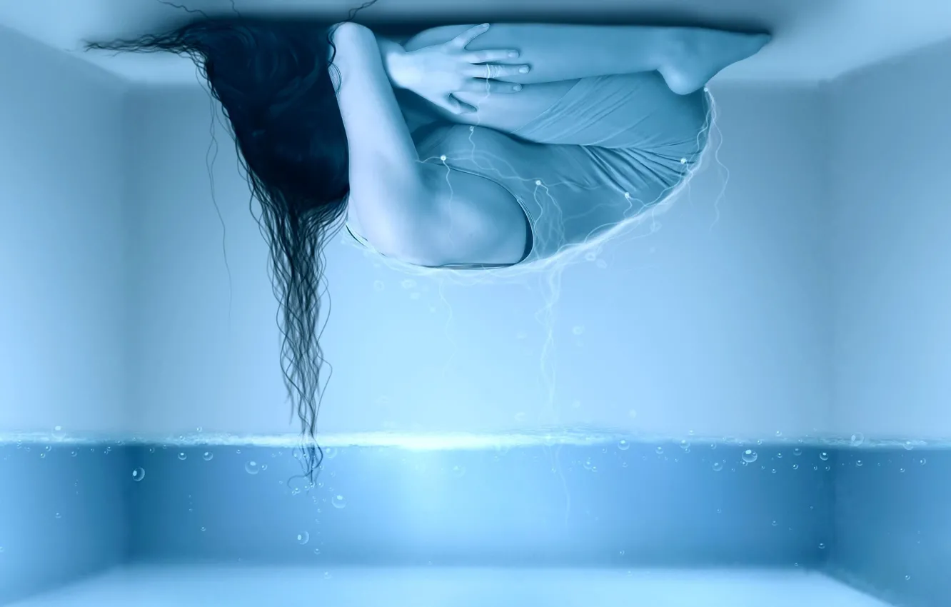 Photo wallpaper water, girl, bubbles, loneliness, room, hair, the ceiling, lies