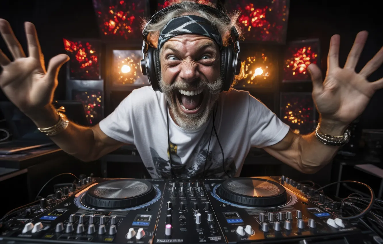 Photo wallpaper joy, smile, glasses, player, male, DJ, digital art, Mixing console