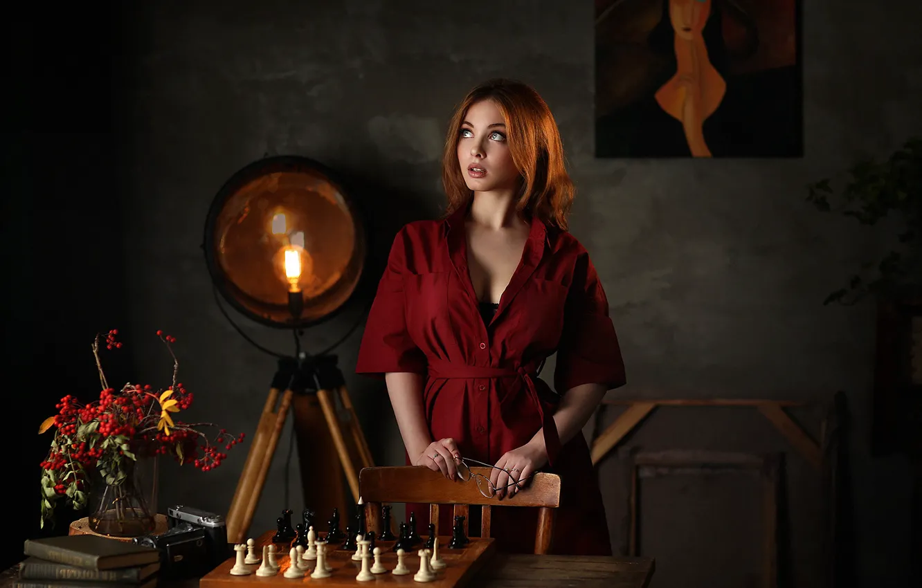 Photo wallpaper girl, berries, mood, picture, chess, book, spotlight, Elena