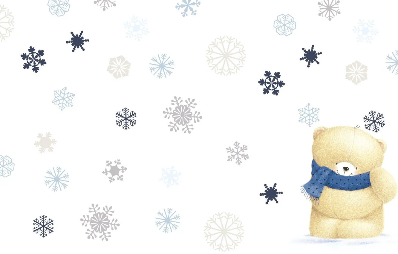 Photo wallpaper winter, snowflakes, mood, minimalism, art, bear, scarf, children's