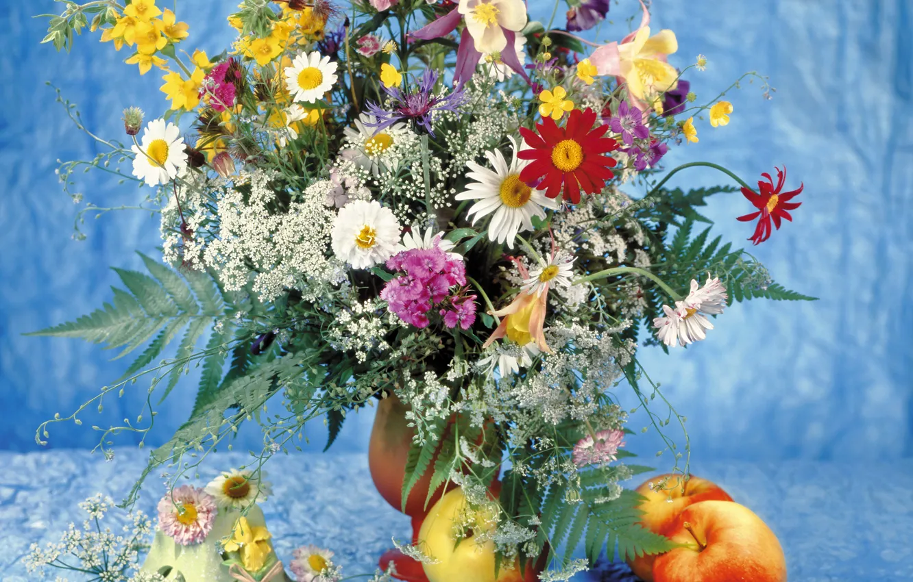 Photo wallpaper flowers, photo, apples, chamomile, bouquet, still life, clove, Daisy