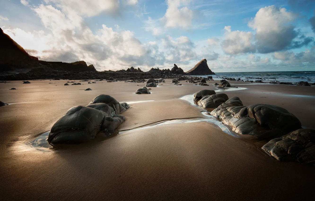 Photo wallpaper sea, the sky, stones, rocks, shore, tide